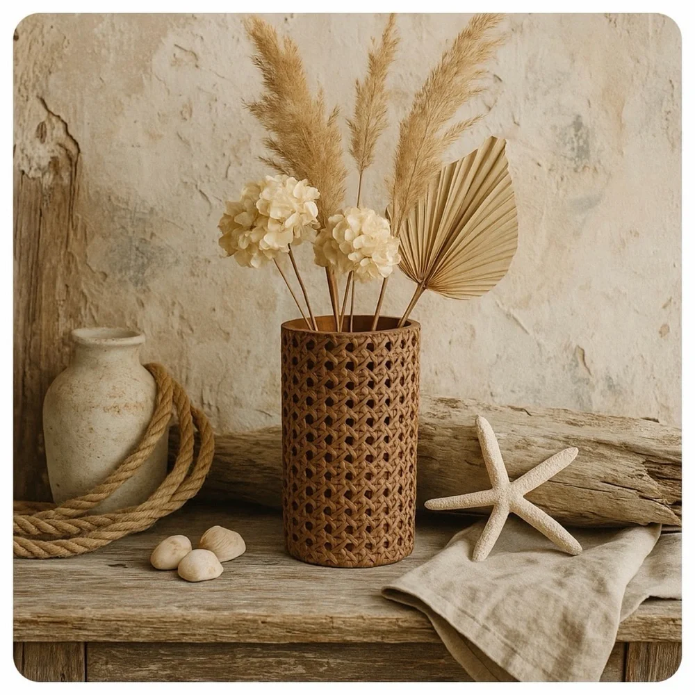 Vintage GAP Home Rattan & Wood Vase |1981 Coastal Boho Decor Statement Piece